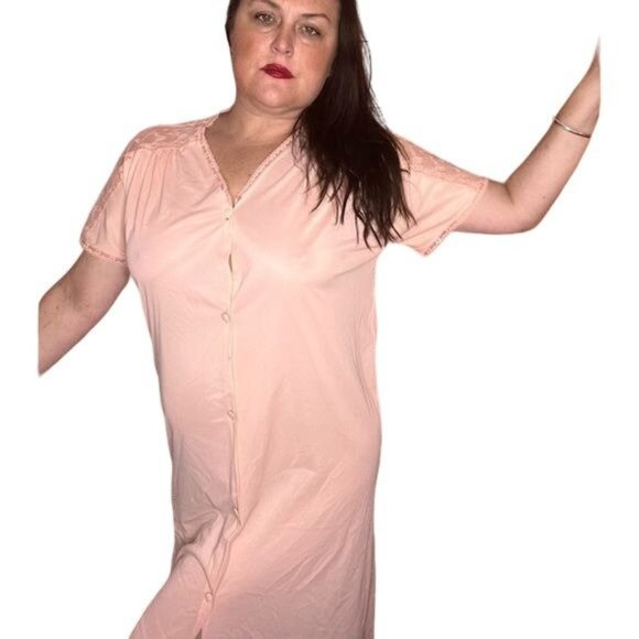 Vintage Vanity Fair pink button front nightgown housecoat lace trim‎ size M - Picture 1 of 9